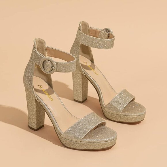 Amoji Women Glitter-gold Faux Suede Open Toe High Heel Chunky Platform Sandals - Picture 5 of 8